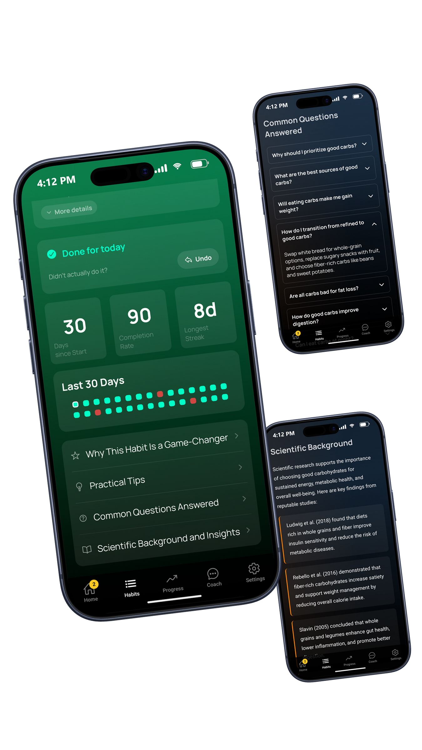 Three ZANE app screens showing habit statistics, answered questions and the scientific background with study references