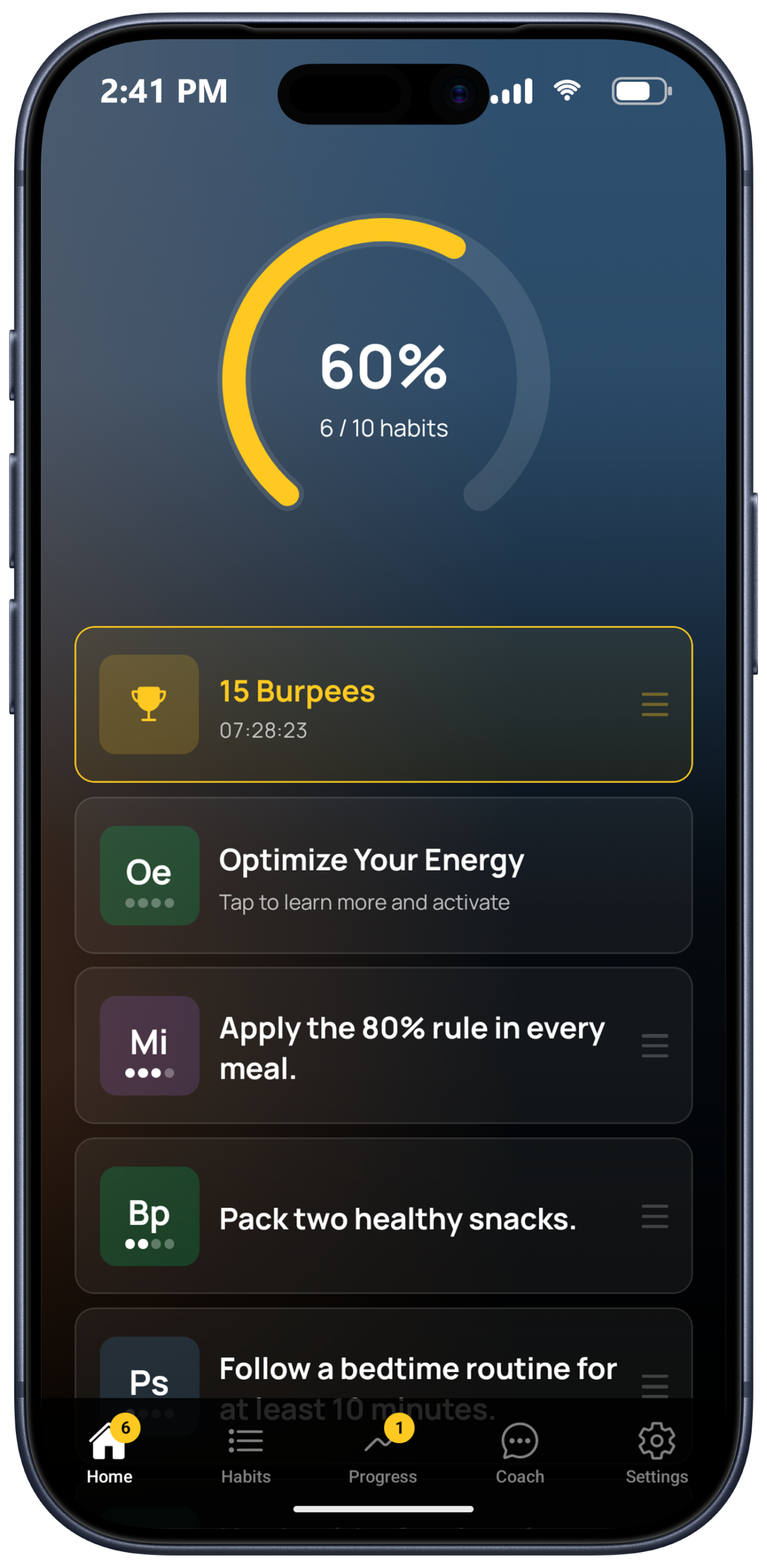ZANE app home screen showing the daily habit list and the day score