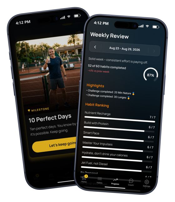 The ZANE app showing a 10 perfect days milestone and the weekly habit review