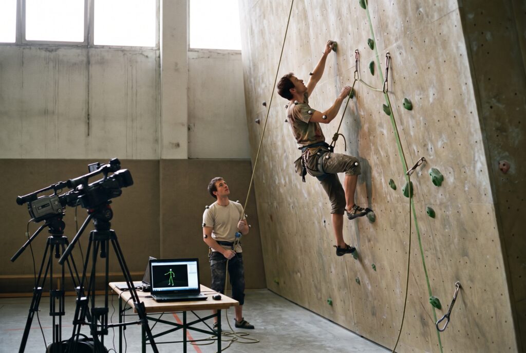 Route climbing study in a Cologne climbing gym: a climber with motion-capture markers on a roped route, two cameras and a laptop with a 3D stick figure